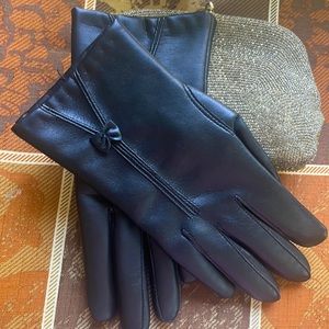 Vegan black leather bow embellished drivers gloves